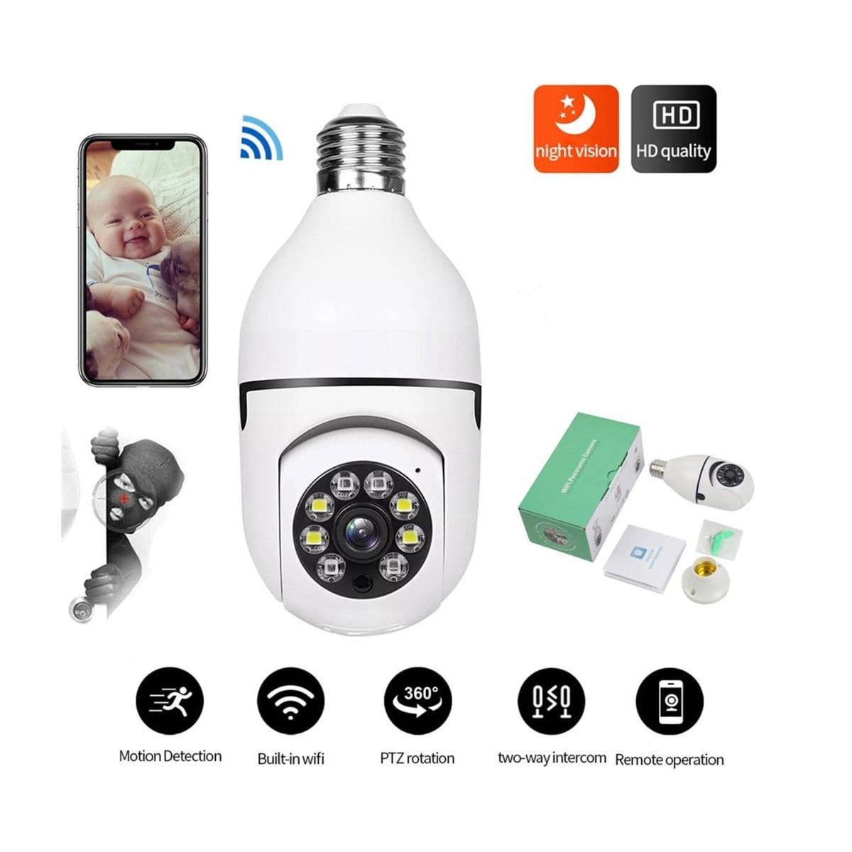 Original Bulb Camera PTZ Night Vision Wireless IP Security Camera - Image 2